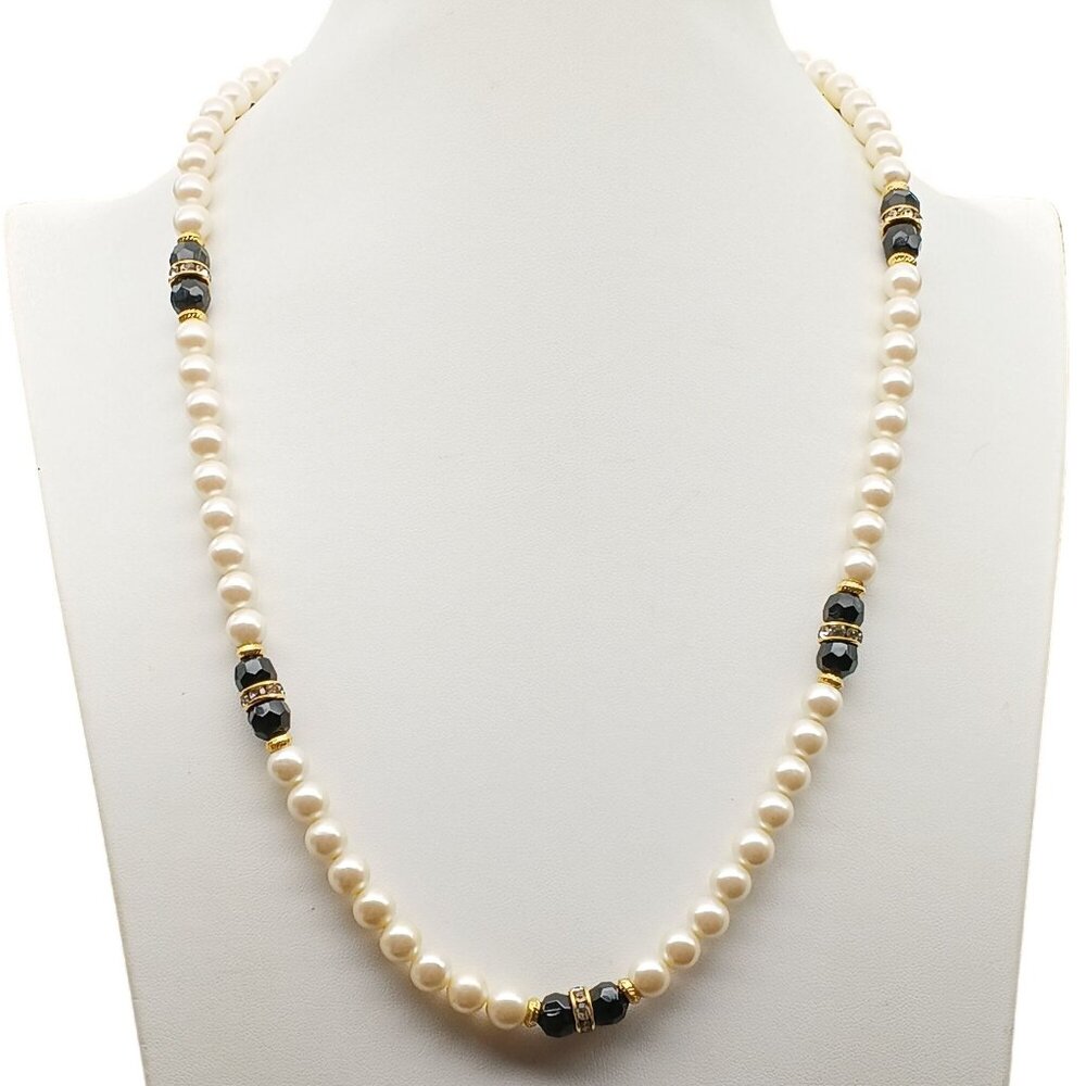 Vintage Faux Pearl Necklace With Black & Gold Beads And Rhinestone Accents Elega